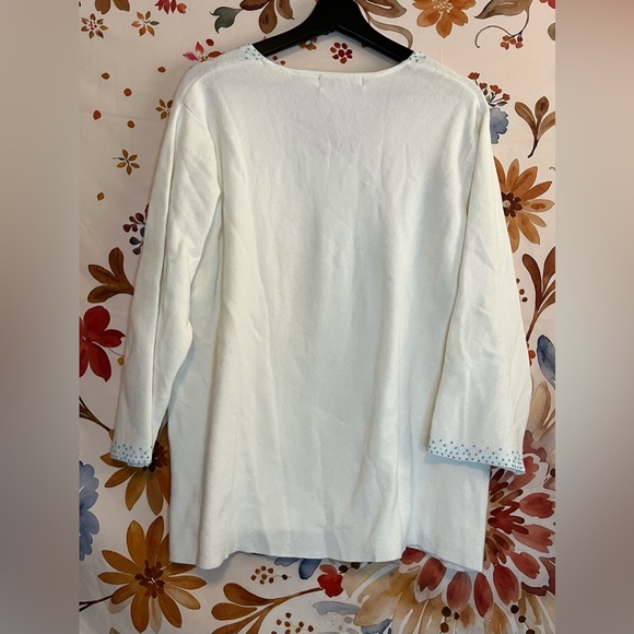 Vintage Victoria Jones 1X 90s White Winter Lightweight Beaded V Neck Sweater - Picture 2 of 9